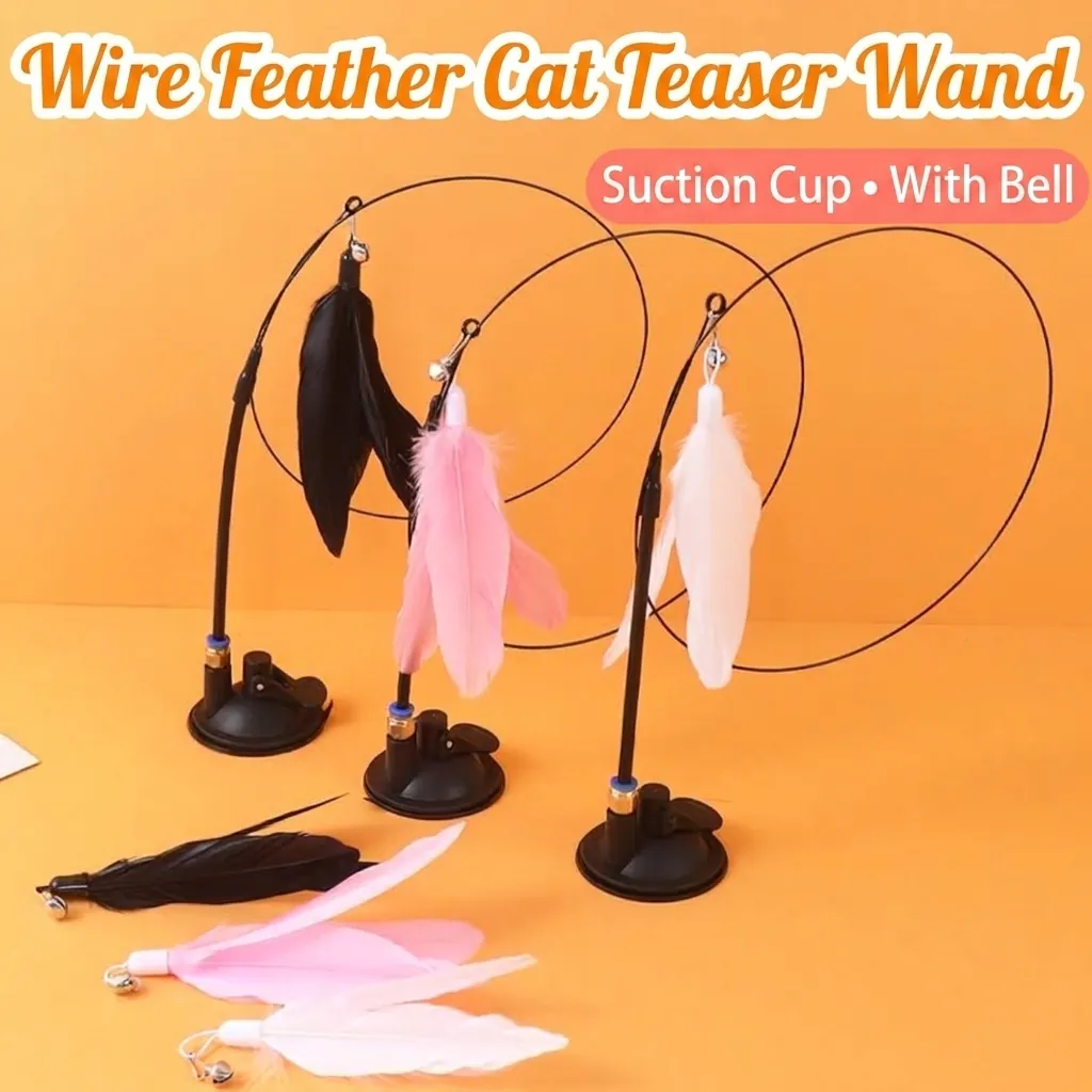 Jouet Baguette pour Chat à Ventouse Forte Avec Plume et Cloche Fil d'Acier Élastique Bâton de Jeu pour Chats d'Intérieur