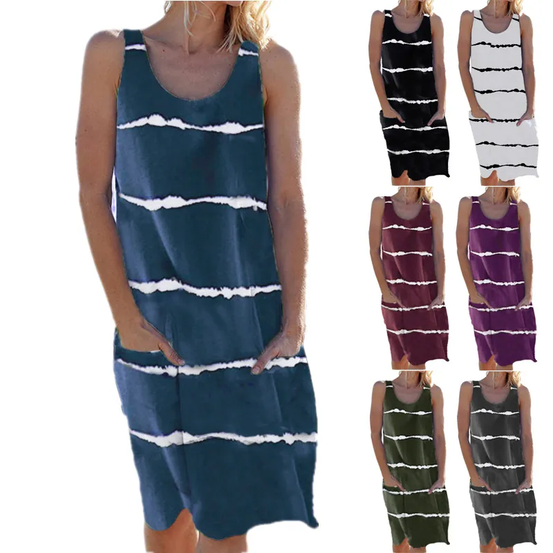 Women Casual Striped Printed Tank Dress With Pockets Sleeveless Round Neck Summer Beach Sundress Cotton Polyester Midi Dress