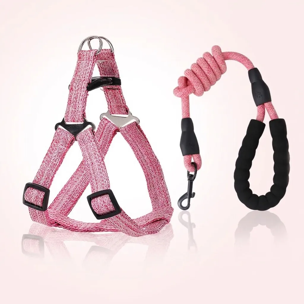 Adjustable Reflective Dog Harness And Leash Combo Polyester Woven No Pull Pet Walking Vest With Comfortable Foam Handle