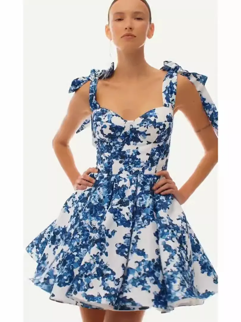 Women's Elegant Organza Floral Mini Dress Off-Shoulder Bow Straps Sexy A-Line Ethereal Party Evening Dress For Banquet Wedding