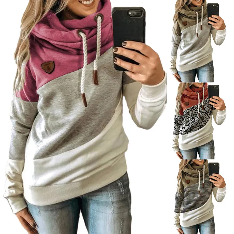 Women Casual Color-block Cowl Neck Sweatshirt Long Sleeve Patchwork Hoodie Loose Fit Fleece Hooded Pullover Top For Autumn Winter