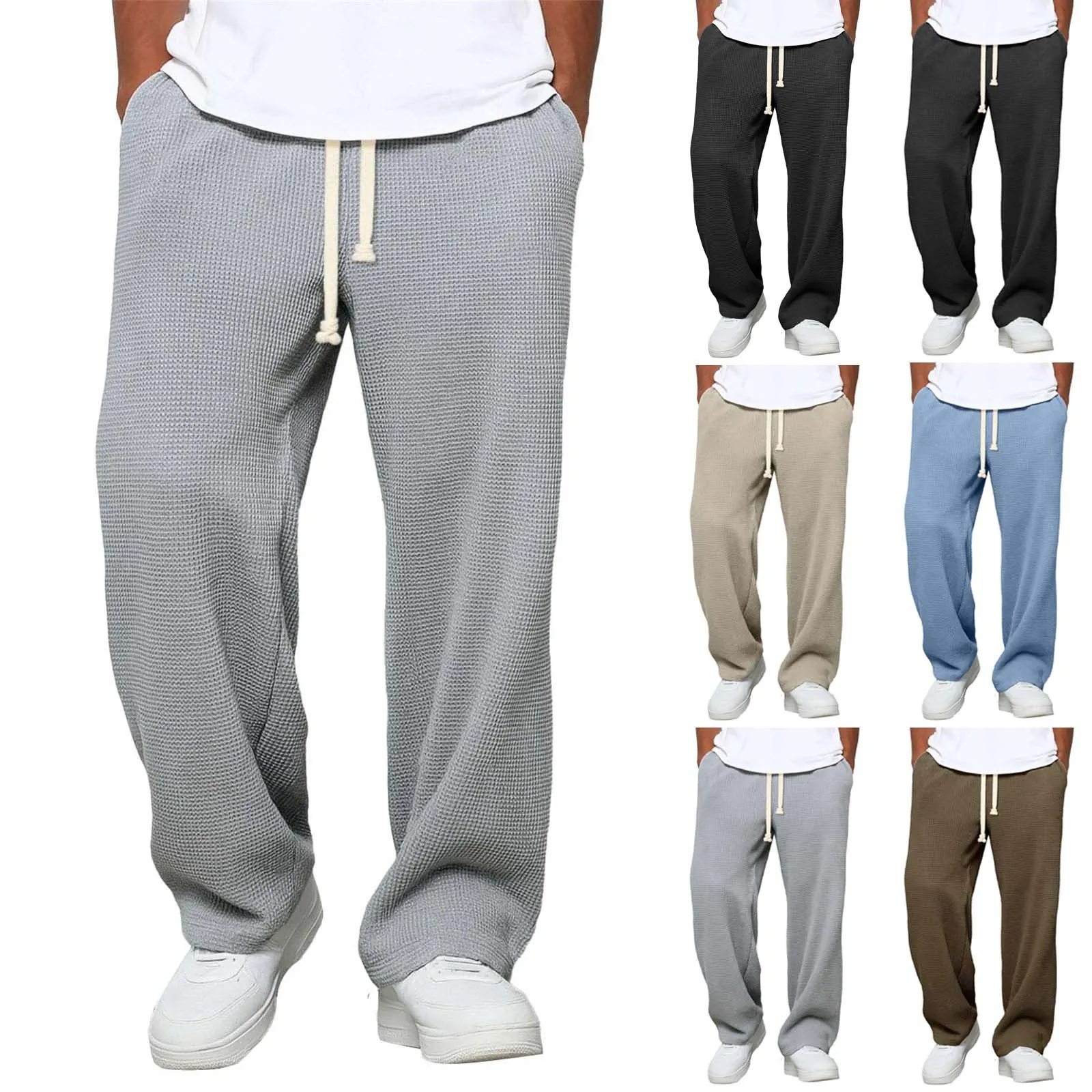 Pantalon de Jogging en Maille Gauffrée pour Hommes Coupe Ample Jambe Droite Large Cordon de Serrage Pantalon de Sport Automne Printemps