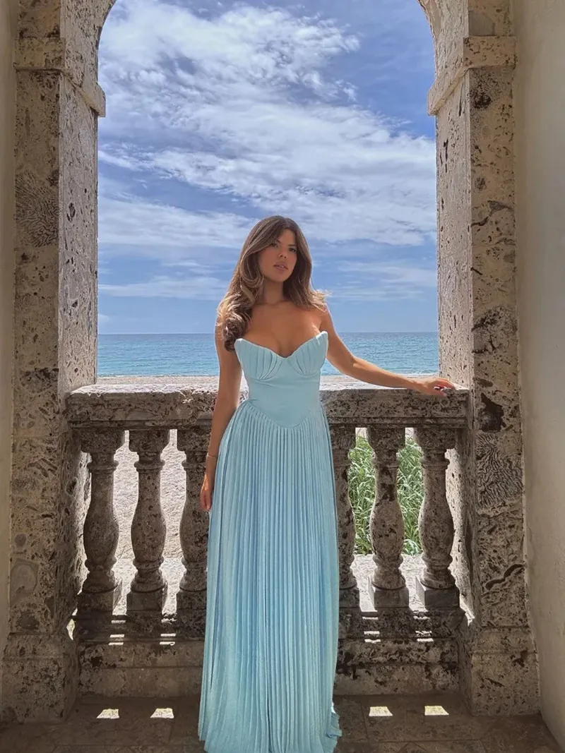 Women's Sexy Strapless Pleated Maxi Dress Elegant Boned Bodice Summer Beach Vacation Party Dress Solid Color Long Dress