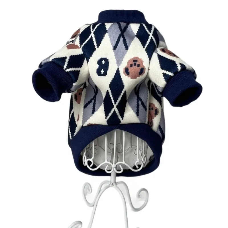 Casual Argyle Bear Print Dog Sweatshirt With D-Ring Leash Attachment Autumn Winter Warm Knitted Pet Clothes For Small Dogs