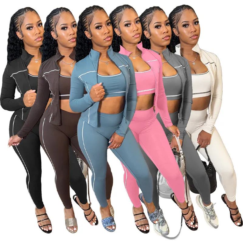 Donna Casual Top And Bottom Giacca con Cerniera Foro per il Pollice Gilet Leggings Bordo a Contrasto Tuta Sportiva Outfit Autunno
