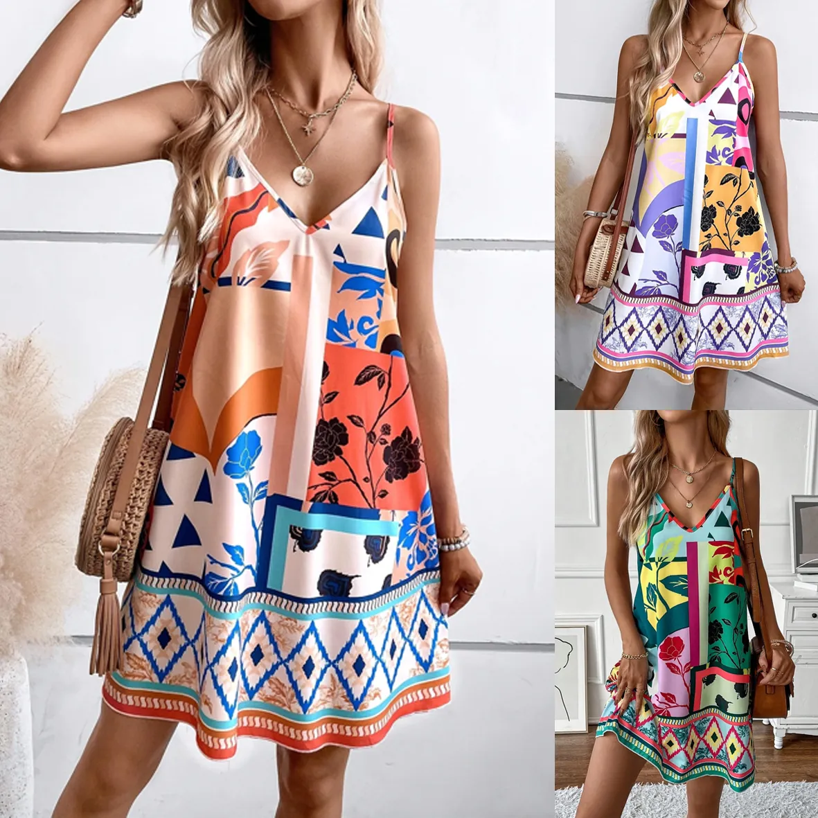 Mini Robe Imprimée Sexy à Col en V pour Femmes Été sans Manches à Bretelles Spaghetti Boho Floral Patchwork Robe de Plage pour Vacances