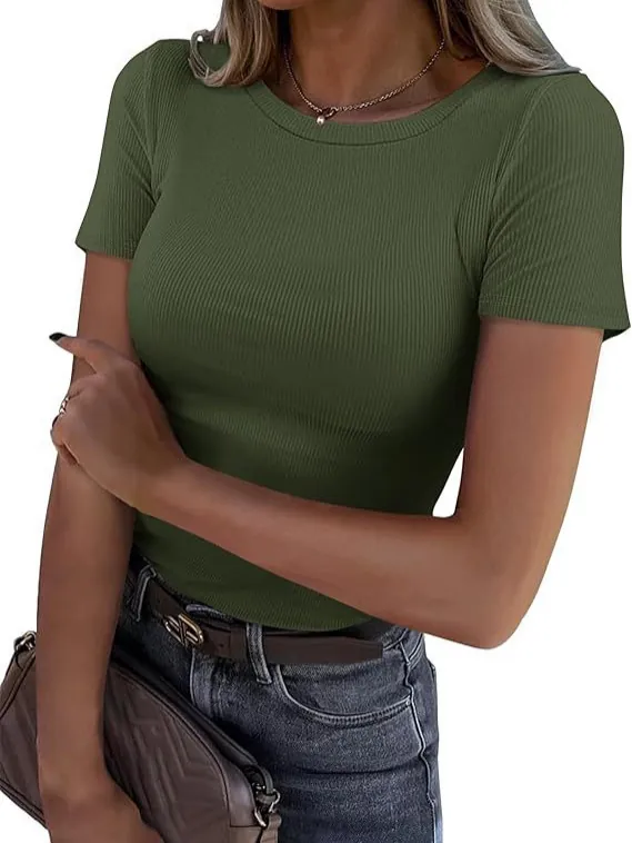 T-Shirt à Manches Courtes Nervuré pour Femmes Minimaliste Couleur Unie Col Rond Coupe Ajustée Haut Tricoté Polyester Spandex Mode