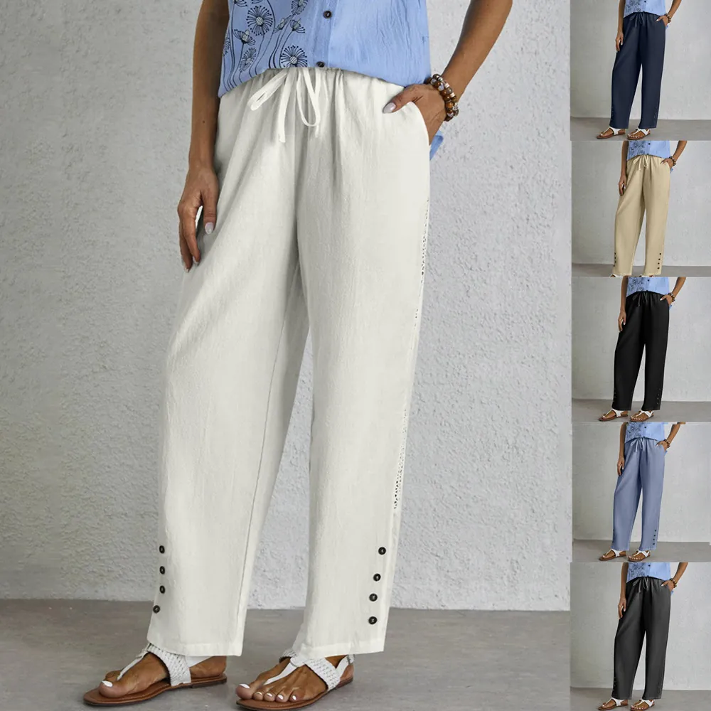 Women's Casual Cotton Linen Straight Leg Pants Drawstring Mid Waist Trousers With Hollow Lace And Button Hem Pockets