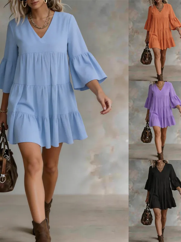 Women V Neck Bell Sleeve Tiered Cake Skirt Loose Vacation Mini Dress Casual Bohemian Style Solid Color Polyester Summer Dress