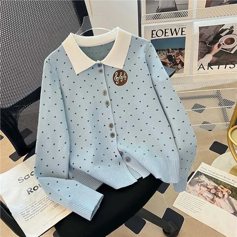 Women Preppy Knit Cardigan Contrast Lapel Collar Polka Dot Pattern Embroidered Music Note Badge Button Up Polyester Top