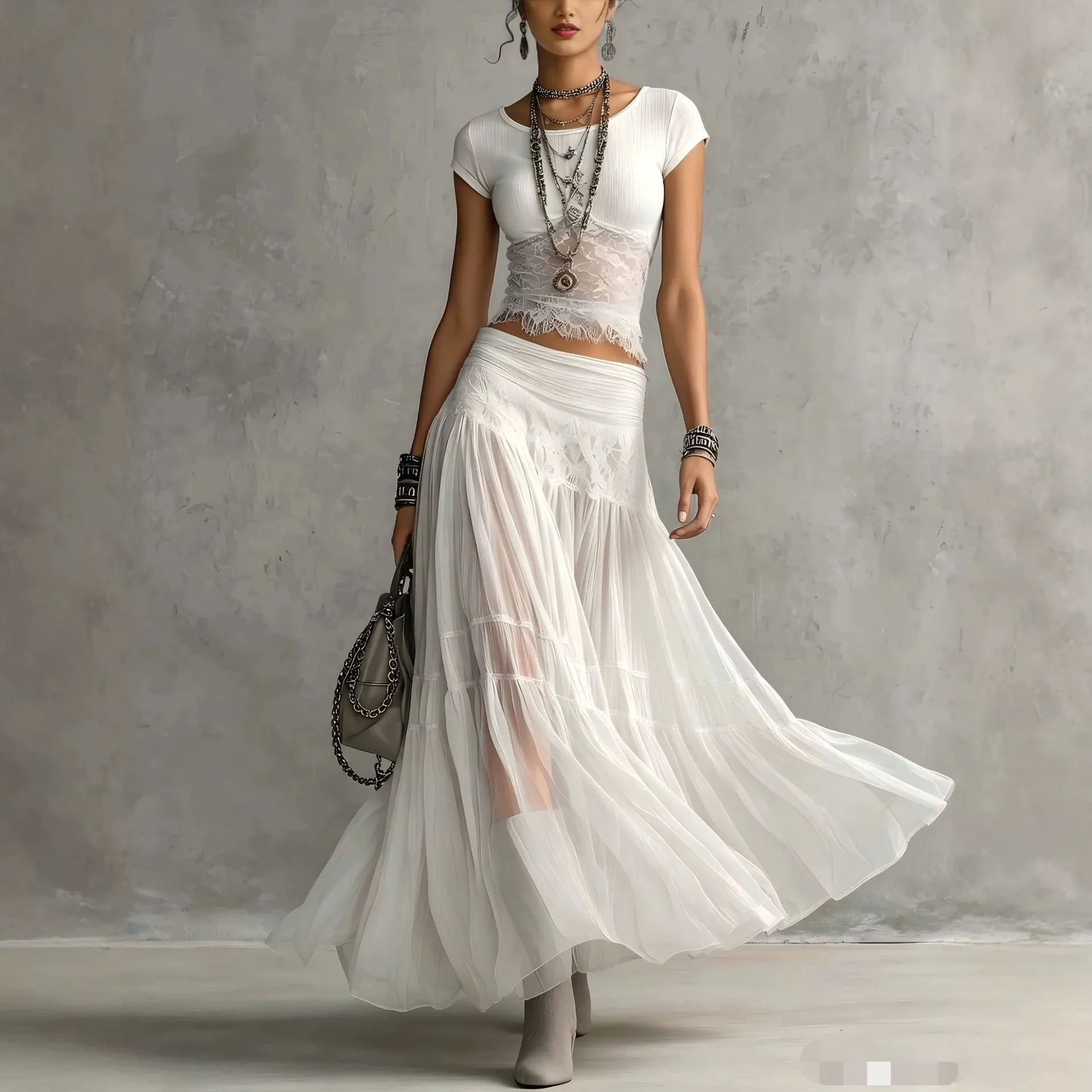 Women Bohemian Knitted Top And Pleated Chiffon Maxi Skirt Set Vintage Solid Color Short Sleeve Top And Bottom Summer Outfit