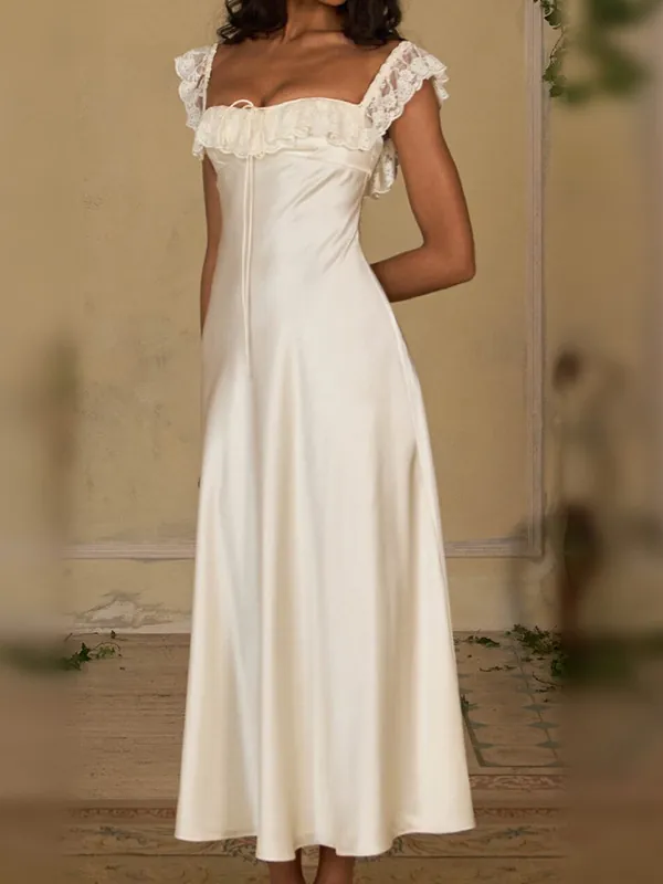 Dames Off-Shoulder Satijn Maxi Jurk Romantisch Kant Trekkoord A-Lijn Vintage Elegant Feest Lange Jurk