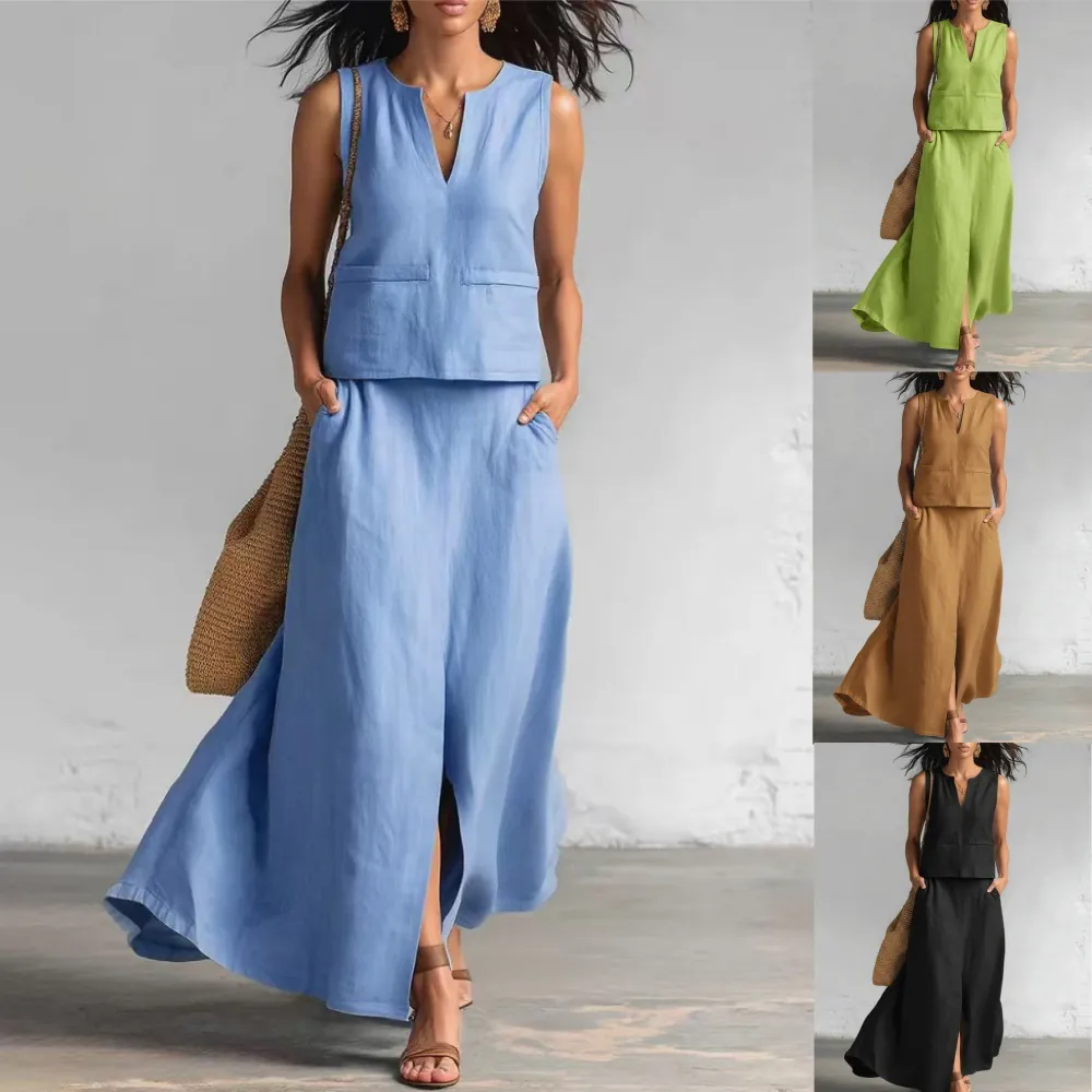 Women Cotton Linen Two Piece Skirt Set Sleeveless V Neck Top And Slit Midi Skirt Casual Minimalist Summer Clothing