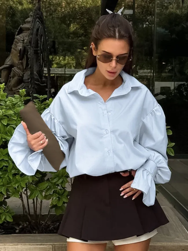 French Style Women Cotton Shirt Long Sleeve Puff Sleeve Ruffle Cuff Lapel Button Up Blouse Elegant Commute Autumn Top