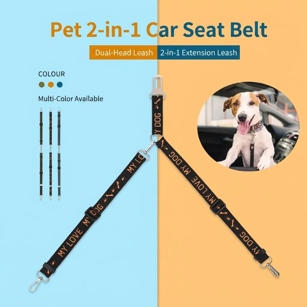Adjustable Double Headed Dog Car Seat Belt Nylon 2-In-1 Pet Vehicle Safety Lead For Two Dogs Universal Buckle Harness