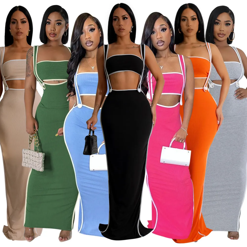 Women Sexy Top And Bottom Fashion Contrast Binding Solid Ribbed Knit Sleeveless Bandeau Top And Hips Wrapped Long Skirt Set