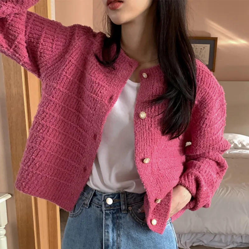 Vintage Franse Stijl Acryl Gebreid Vest Voor Vrouwen Chique Effen Kleur Lange Mouw Slim Fit Knoopsluiting Vroegherfst Top