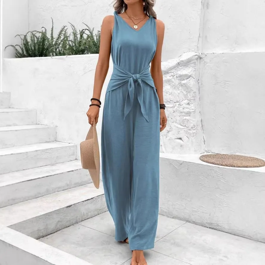 Women V Neck Sleeveless Jumpsuit Twist Waist Wide Leg Long Pant Casual Solid Summer Vacation One Piece Romper