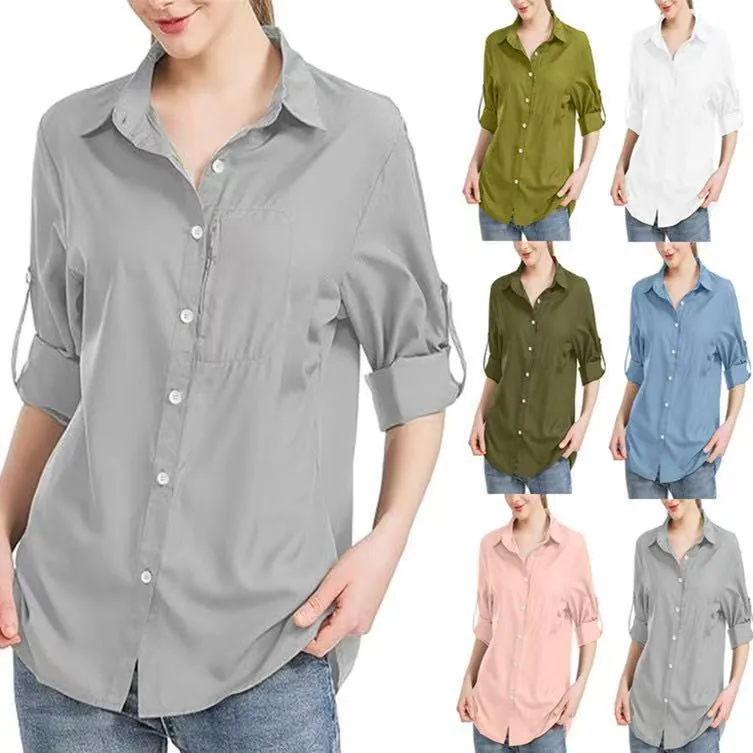 Top de Manga Larga con Solapa en Color Liso para Mujer Blusa Casual de Negocios con Botones y Bolsillo con Cremallera