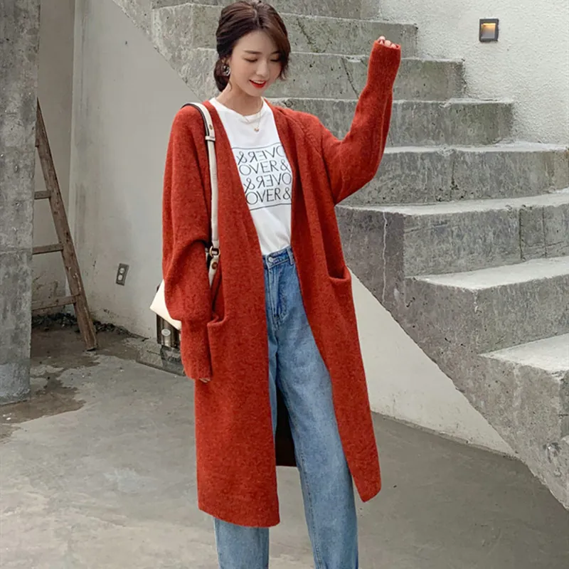 Women Mid-Long Knitted Cardigan Jacket Thickened Loose Casual Open Front Sweater Coat With Pockets Long Sleeve Outerwear Solid Color Autumn Winter