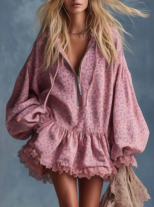 Women Pink Leopard Print Hooded Mini Dress Bohemian Ruffle Hem Lantern Sleeve Front Zipper Elegant Pleated Party Dress