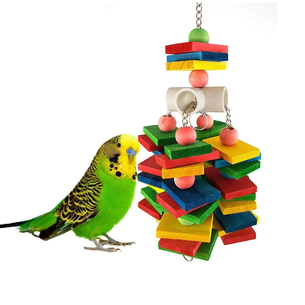 Jouet Coloré en Bois pour Perroquets et Oiseaux Blocs à Mâcher pour Grands Moyens Petits Oiseaux Cage Accessoires