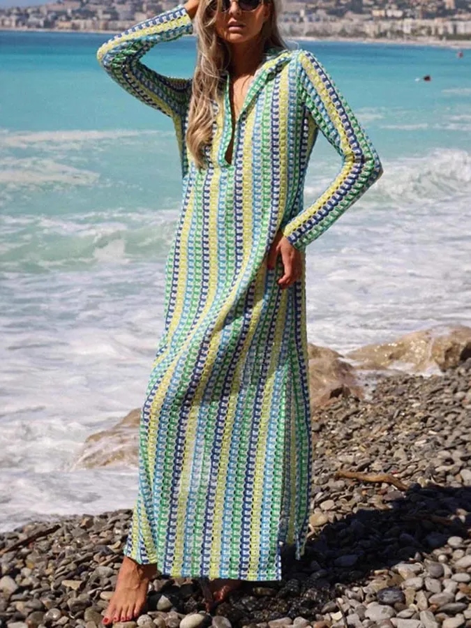 Abito Lungo in Maglia da Donna con Scollo a V Profondo a Righe Patchwork Copricostume da Mare all'Uncinetto