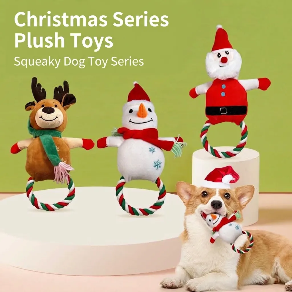 Weihnachtsserie Plüsch Hundespielzeug Quietschend Weihnachtsmann Elch Schneemann Form Haustier Interaktives Spielzeug Mit Baumwollseilknoten Für Hunde