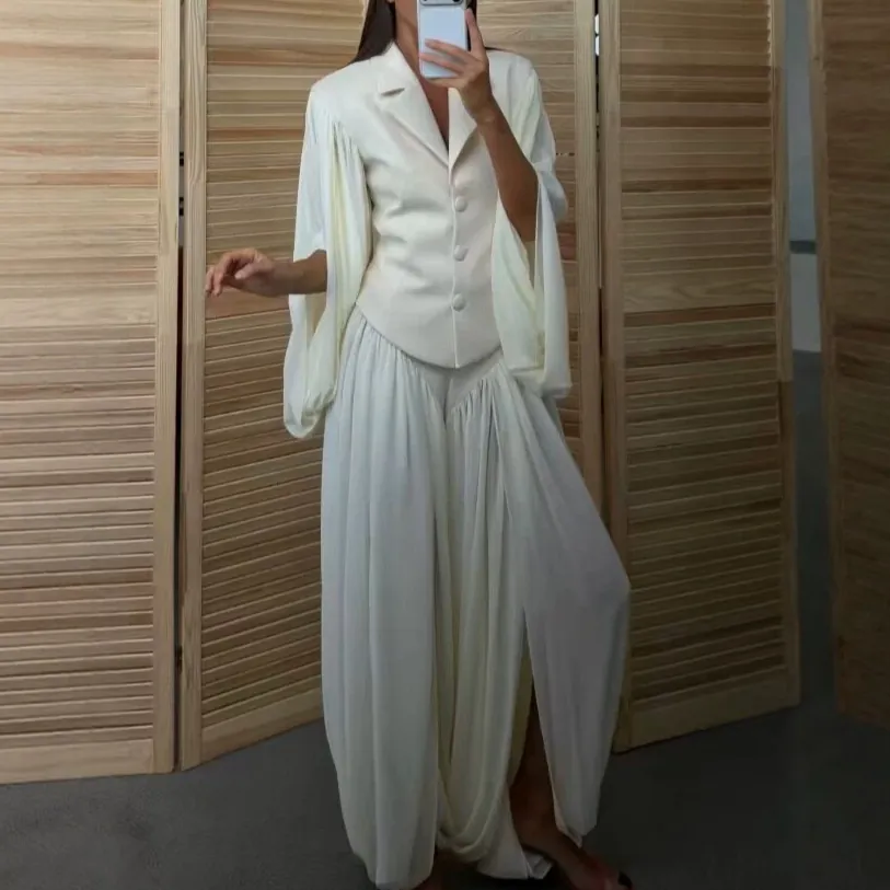 Women Top And Bottom Set Elegant Flare Sleeve Blazer And Pleated Lantern Pants Two Piece Suit Solid Color Polyester Summer Outfit