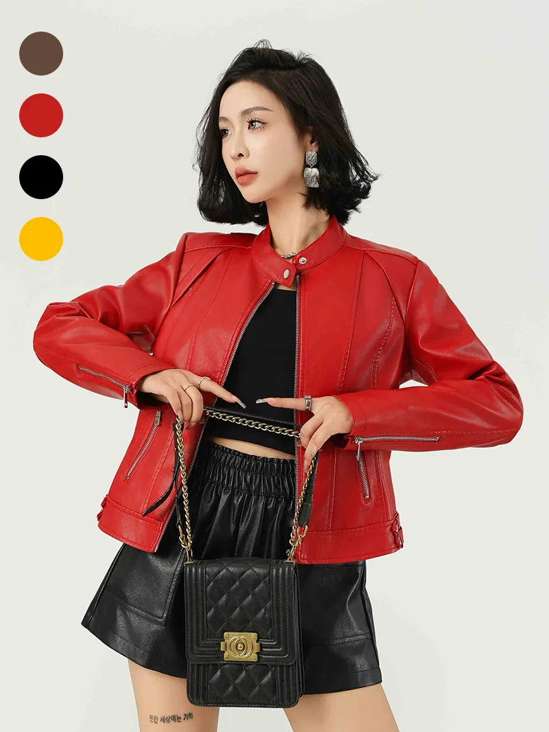 Veste Courte en Cuir Synthétique PU pour Femme Col Montant Coupe Slim Manches Longues Veste de Moto Couleur Unie