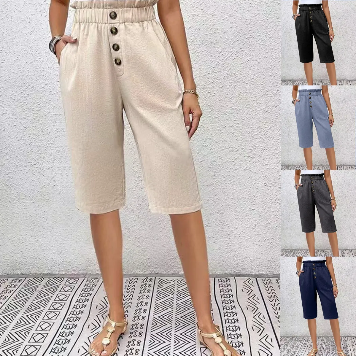 Women Cotton Linen Casual Shorts High Waist Elastic Button Front Paperbag Shorts With Pockets Bermuda Summer Bottom Pants