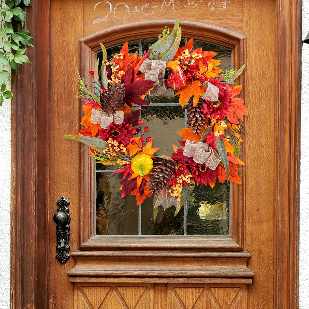 Autumn Artificial Wreath With Red Sunflowers Maple Leaves Pine Cones And Pumpkins For Front Door Wall Hanging Harvest Festival Home Decor