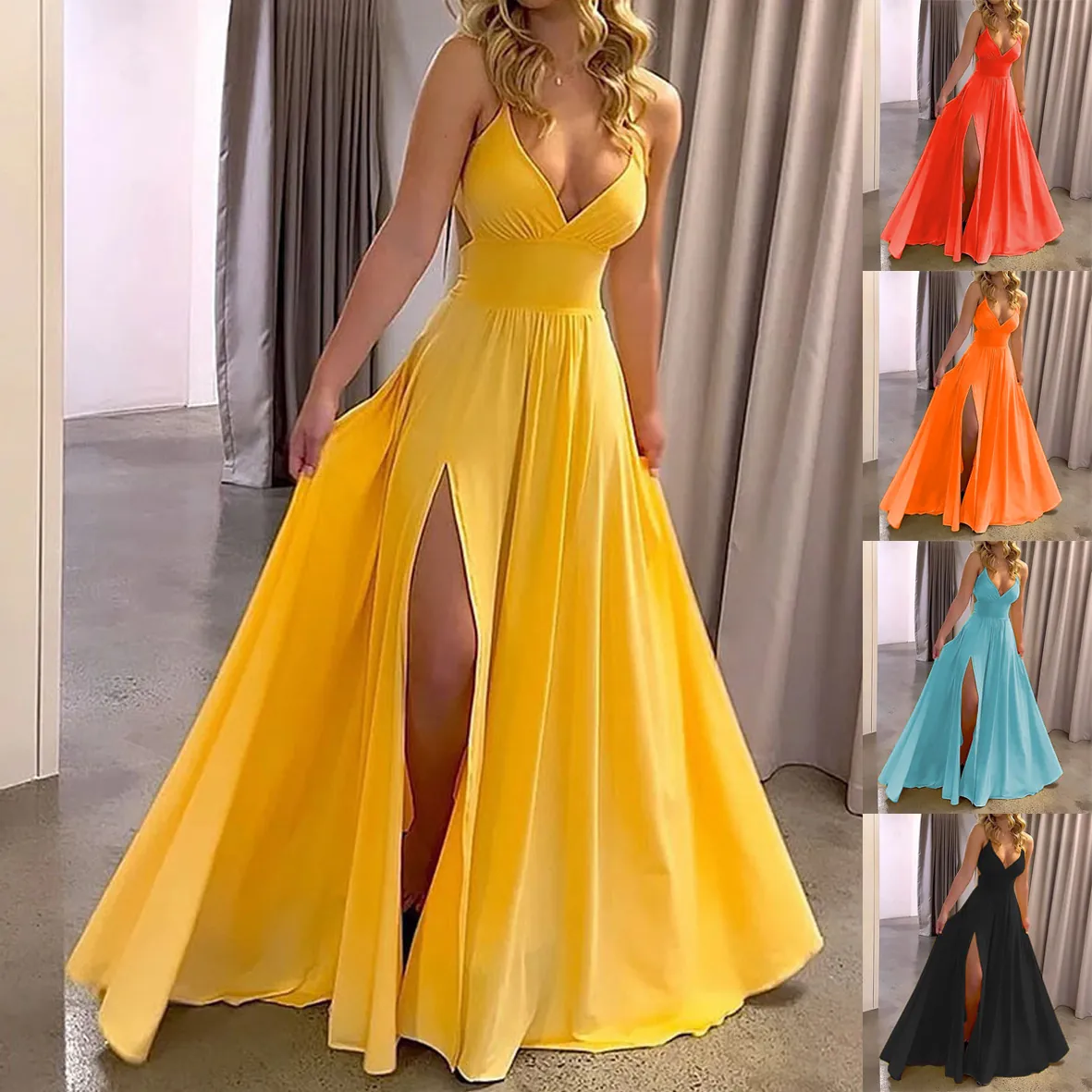 Mujer Sexy Cuello en V Espalda al Aire Maxi Vestido sin Mangas Tirantes de Espagueti Abertura Alta Vestido Largo de Playa para Fiesta Verano Elegante Color Sólido Poliéster