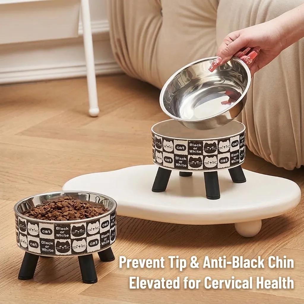 Cuenco Elevado de Acero Inoxidable para Mascotas Protección Cervical Antideslizante Alimentador para Gatos Perros Estampado Vintage Floral Cuadros Cuenco