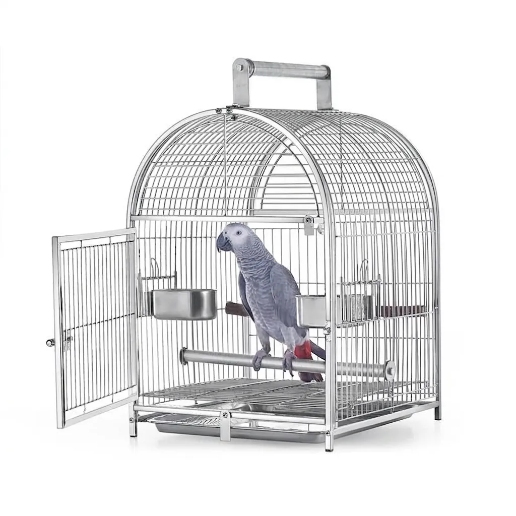 Cage à Perroquet Portable en Acier Inoxydable 304 Cage d'Élevage et d'Exposition Avec Poignée Bols et Perchoir pour Oiseaux
