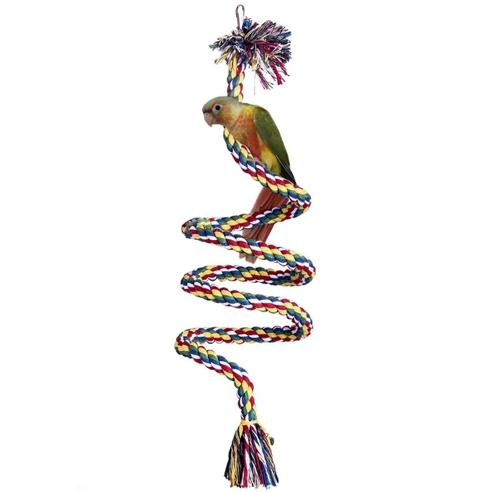 Colorful Cotton Rope Parrot Toy Spiral Climbing Ladder With Metal Hook And Bell For Small Medium Birds Cage Accessory
