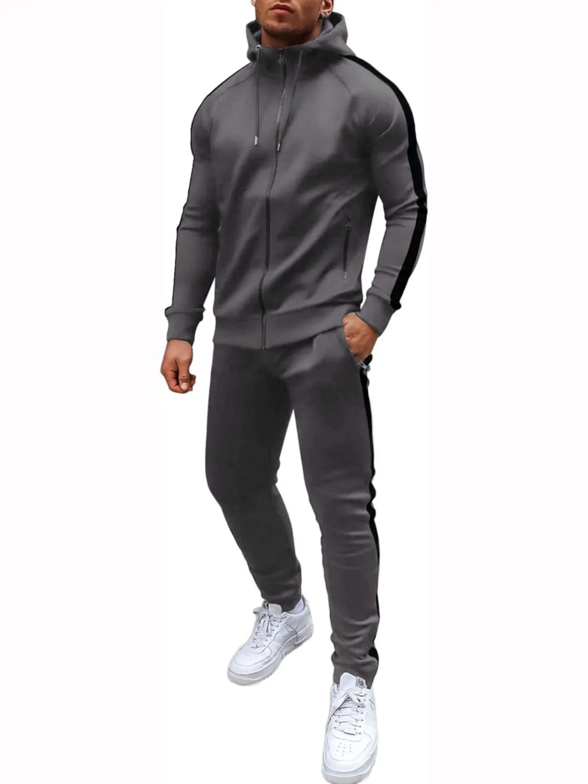 Men's Casual Sport Top And Bottom Full Zip Hooded Sweatshirt Jacket And Jogger Pants Solid Color Side Stripe Gym Workout Outfit