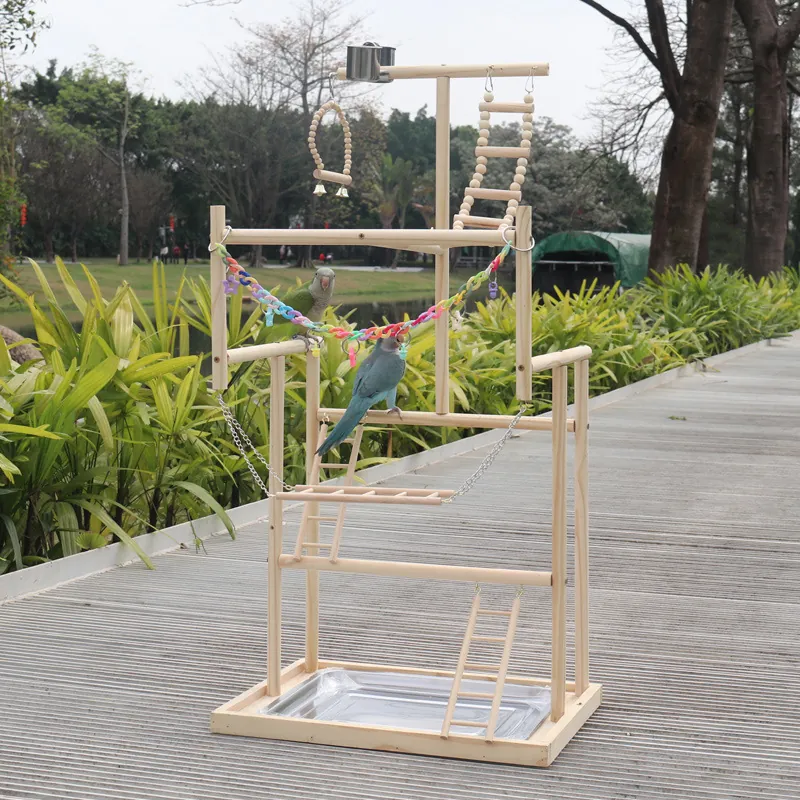 Grand Support de Jeu pour Perroquet en Bois Aire de Jeux pour Oiseaux Avec Échelle Balançoire Gobelets en Acier Inoxydable