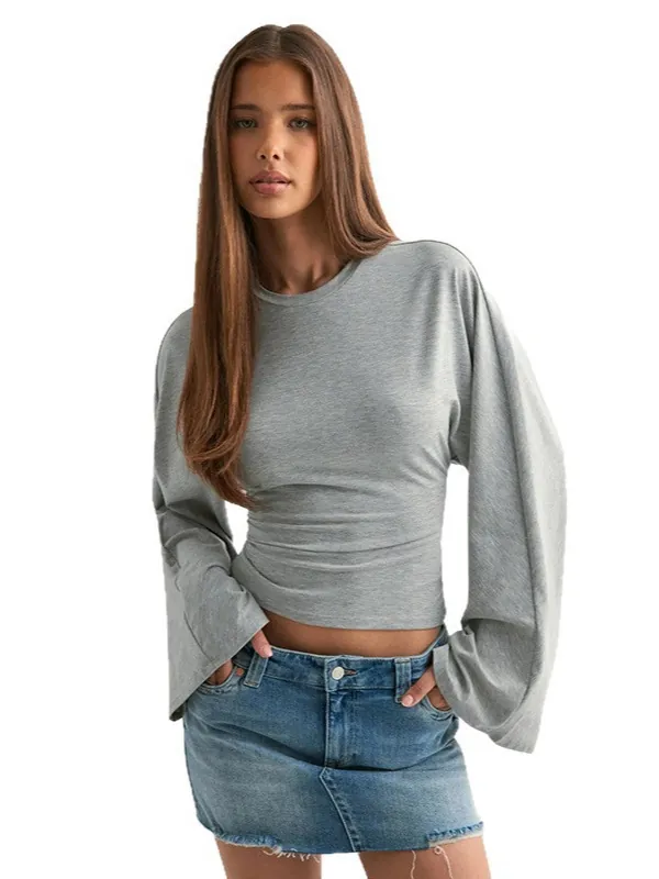 Damen Sexy Tailliertes Glockenärmel Langarm Top Rundhalsausschnitt Einfarbig Slim Fit Gebürstete Polyestermischung Lässige Bluse