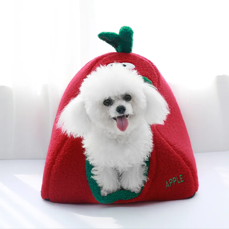 Cama Cerrada para Mascotas con Forma de Manzana Nido de Sueño Profundo Cálido Espesado para Perros y Gatos Pequeños Medianos Terciopelo Rojo Verde