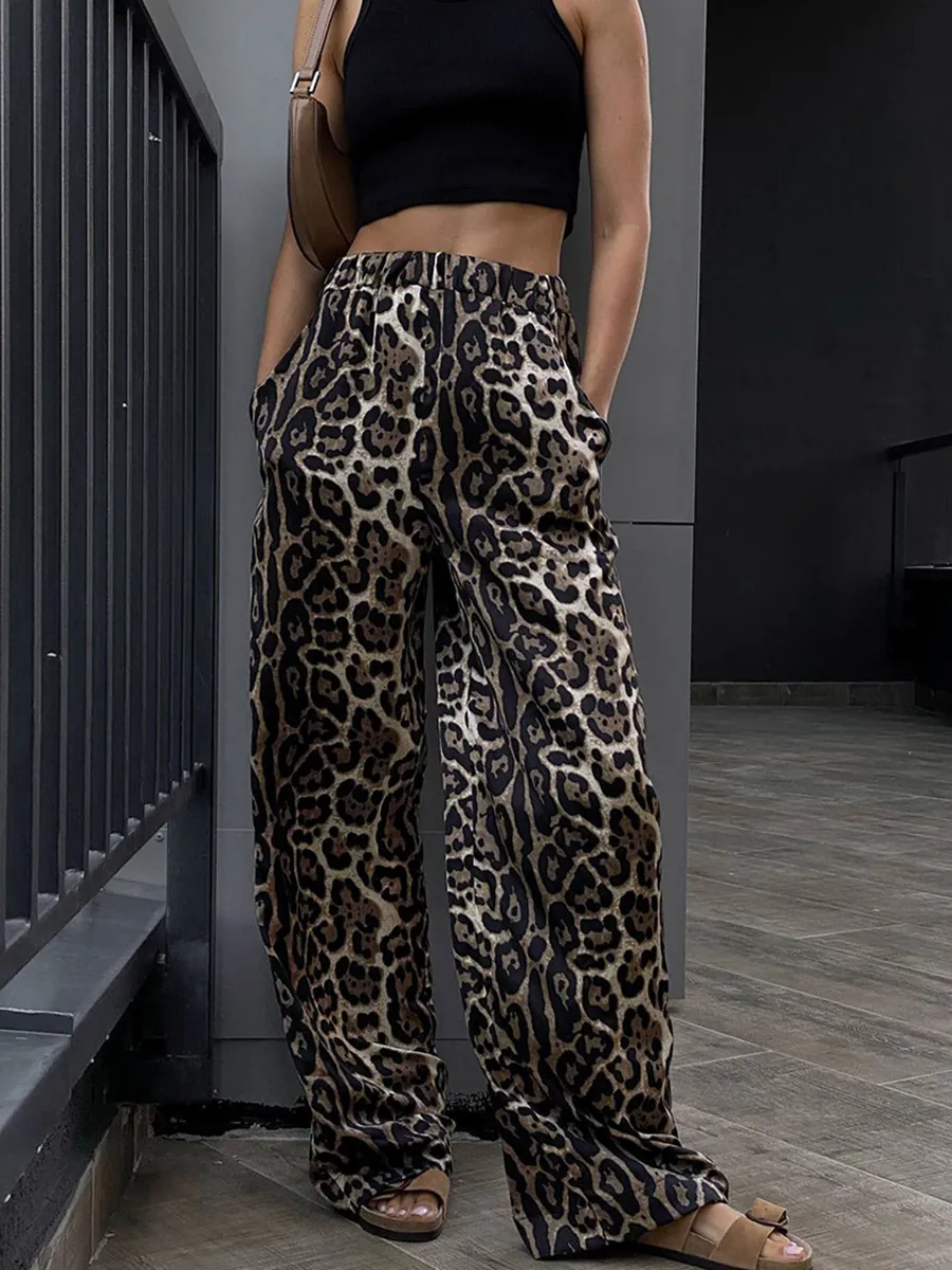 Women Leopard Print High Waist Wide Leg Pants Streetwear Casual Loose Full Length Trousers Autumn Fashion Bottoms