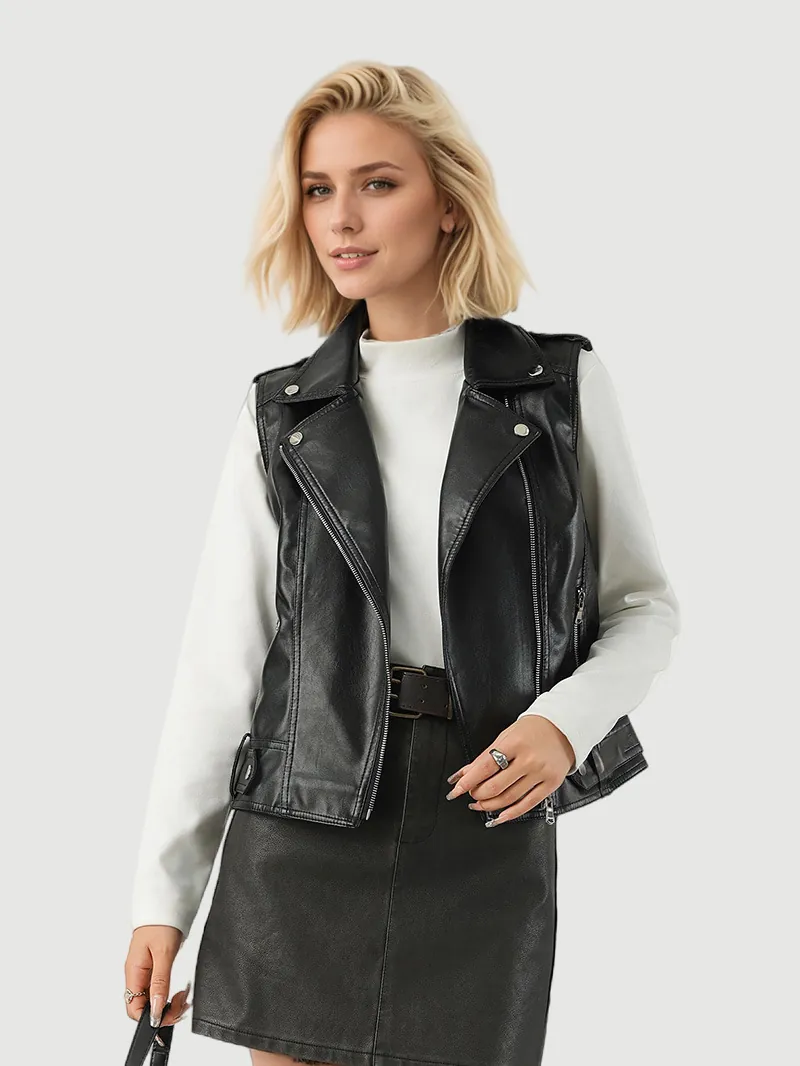 Women Fashion Short PU Leather Vest Lapel Zip Up Sleeveless Biker Jacket Faux Leather Waistcoat Outerwear Top