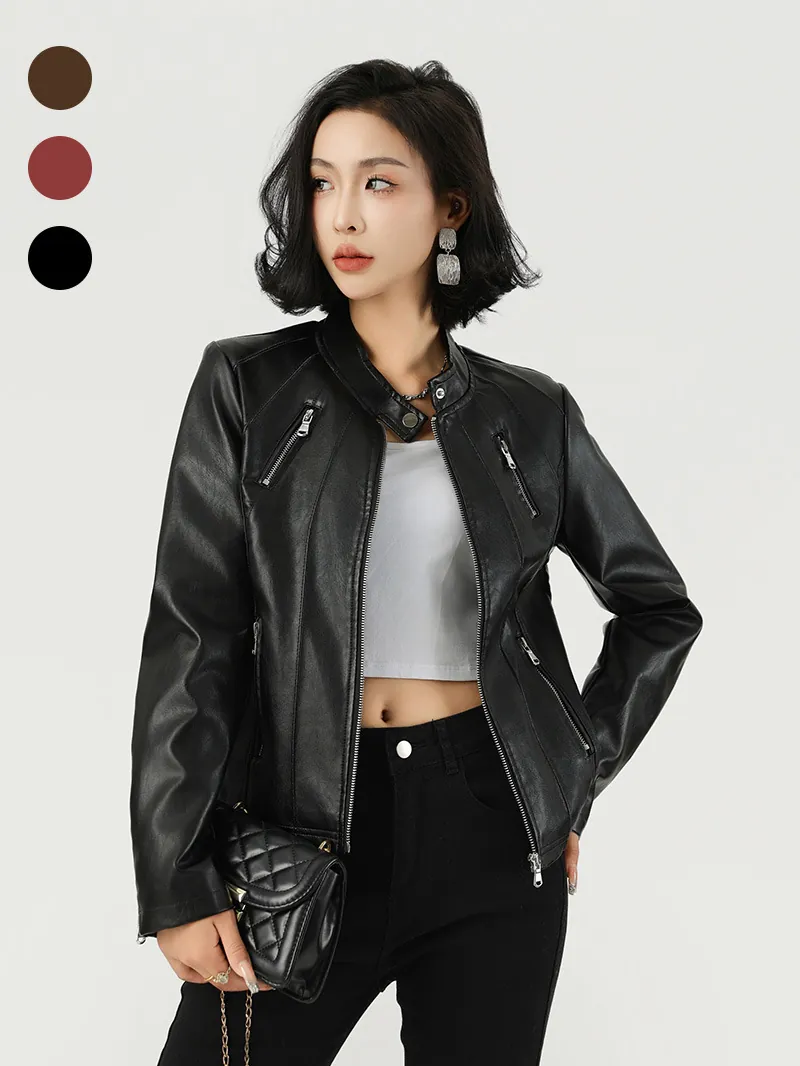 Damen Slim Fit Kunstleder Jacke Stehkragen Metall Reißverschluss Moto Biker Mantel Bestickt Einfarbig Langarm Top