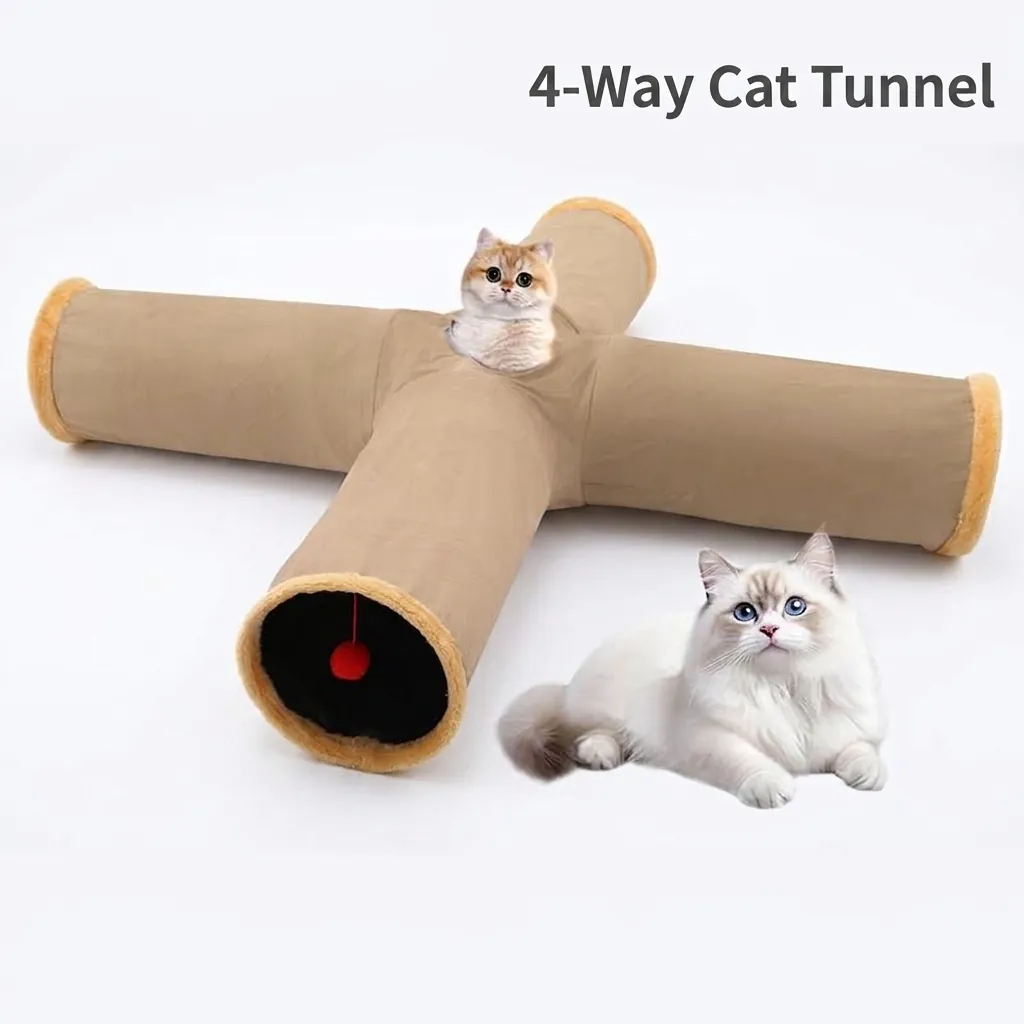 Foldable 4-Way Suede Cat Tunnel Toy For Indoor Cats With Hanging Ball Crinkle Pet Tube For Playing Hiding Kitten Tunnel