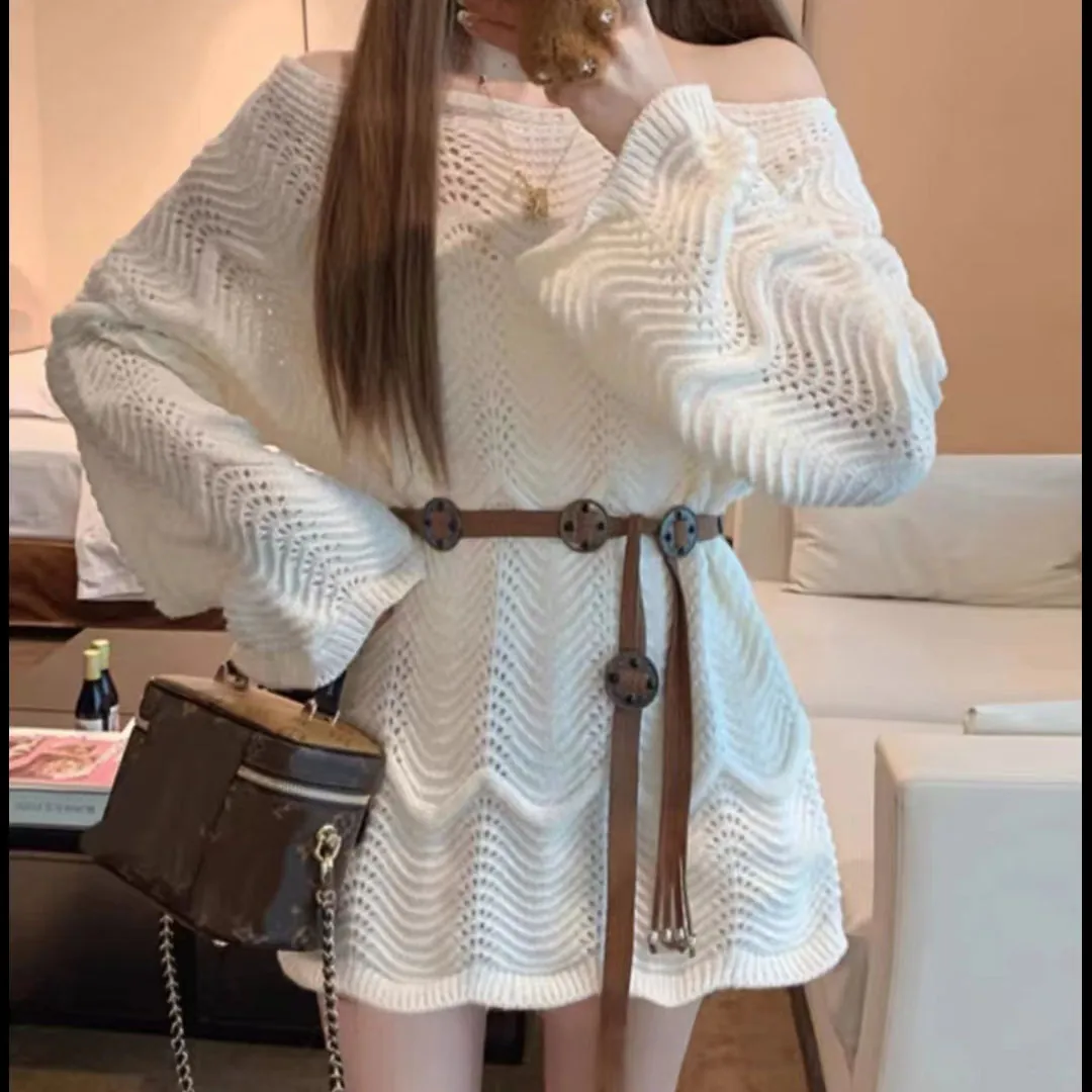 Damen Acetatfaser Acryl Strickoberteil Trendy U-Boot-Ausschnitt Langarm Wellenstrickpullover Mit Gürtel Für Damen