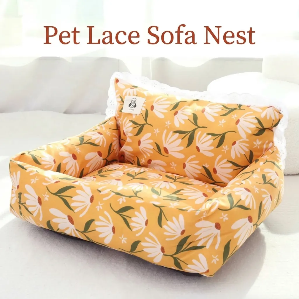 Huisdier Sofa Bed Alle Seizoenen Polyester Kat Hondenbed Met Kant Bloemen Madeliefje Print Warm Comfortabele Bank