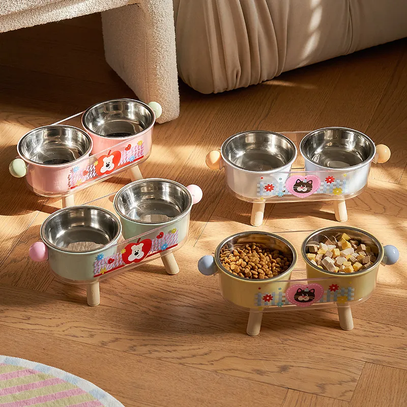 Non-slip Stainless Steel Cat Double Bowls Elevated Neck Protection Pet Feeder Dopamine Color Kitten Feeding Station With Wood Legs