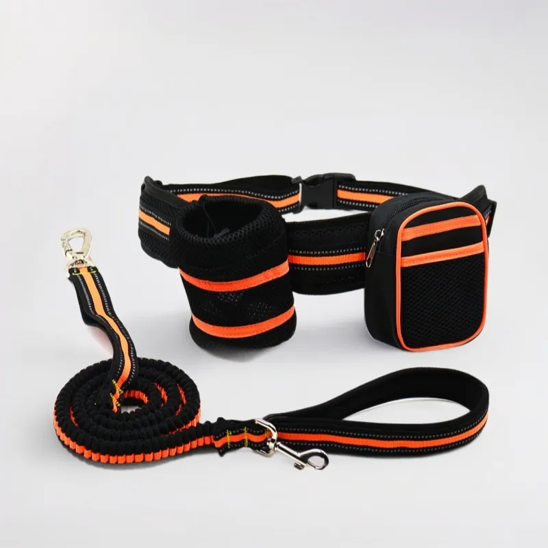 Hands-Free Dog Leash With Waist Bag Reflective Nylon Bungee Pet Leash Set For Running Jogging Walking Training Adjustable Waist Belt