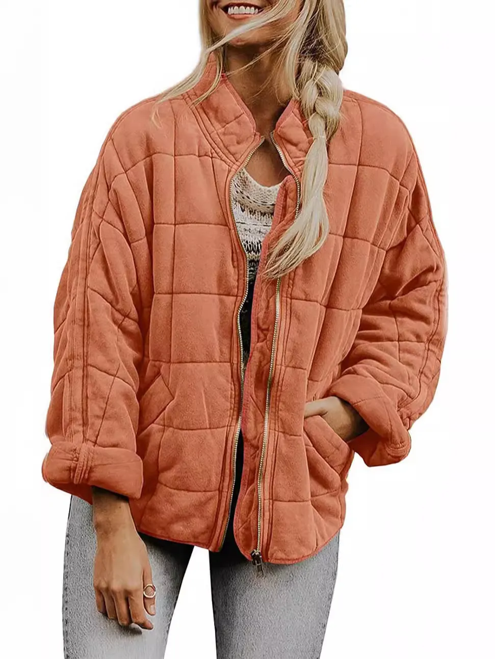 Veste Matelassée pour Femmes avec Col Montant Coupe Ample Manches Longues Couleur Unie Manteau Rembourré Veste en Coton Chaude avec Poches
