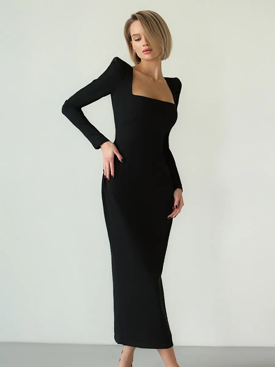 Women's Square Neck Long Sleeve Slim Fit Hepburn Style Black Midi Dress Elegant French Retro Splicing Office Party Long Dress